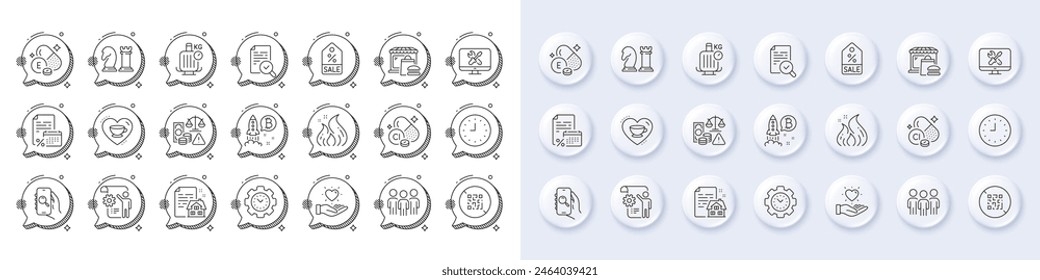 Fraud, Vitamin e and Search app line icons. White pin 3d buttons, chat bubbles icons. Pack of Bitcoin project, Calendar tax, Love coffee icon. Food market, Settings blueprint, Group pictogram. Vector