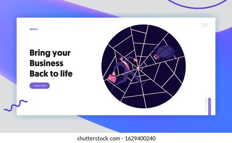Fraud Waiting Prey, Dangerous Project, Bank Debt Website Landing Page. Scared Businessman Trapped into Spiderweb with Huge Spooky Spider Hunt on him Web Page Banner. Cartoon Flat Vector Illustration