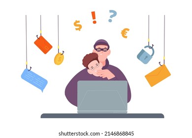 Fraud work. Dangerous hacker working in internet, cyber crime phone scam fake bank worker thief money online hacking, vector illustration. Hacker internet at computer, crime technology