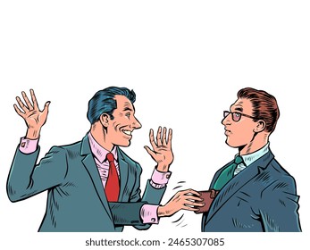 The fraudster hides and robs a colleague. Corruption schemes in the work team. Financial crimes and hidden schemes. Pop Art Retro Vector Illustration Kitsch Vintage 50s 60s Style. On a white