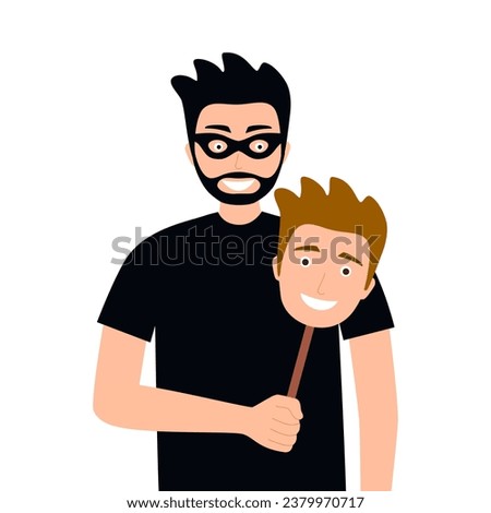 Fraudster holding a mask of a decent smiling person in his hand. Online scammer.