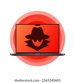 Fraudster on laptop screen. Flat, red, scammer on the screen, spam on the Internet, be careful scam. Vector icon