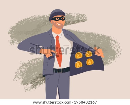 Fraudster sells fake cryptocurrency, internet crime flat vector illustration. Hacker character frauding web online