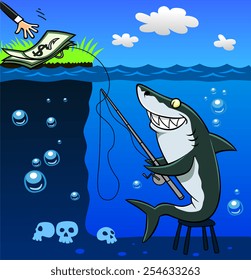 Fraudster shark catches people on the bait of money.