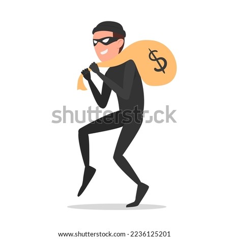 Fraudster, thief or hacker steals money. Corruption, cyber attack, web fraud, bank security issue. Flat style, vector.