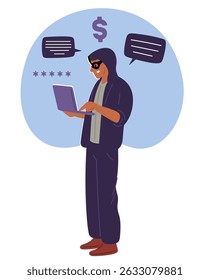 Fraudista e ladrão trabalhando atrás do notebook. Crime online. Hacker roubando dinheiro. Phishing e hacking de dados de senha da Web. Fraude de rede de computador. Ciberfraude. Swindler na máscara. Conceito de cibercrime vetorial
