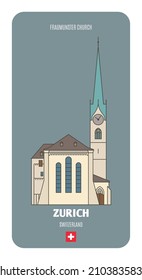 Fraumunster church in Zurich, Switzerland. Architectural symbols of European cities. Colorful vector 