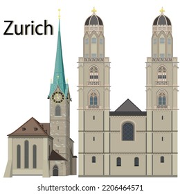 The Fraumunster (Women's Minster) and the Grossmunster Churches in Zurich, Switzerland