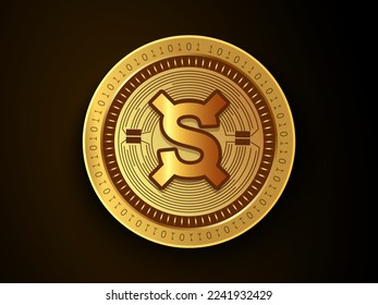 Símbolo de moneda criptográfica Frax Share (FXS) y logotipo en moneda de oro. Símbolo de concepto de dinero virtual basado en tecnología blockchain. 