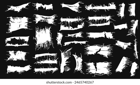 Frayed cloth torn and ripped black and white vector illustration set. Grunge textured design and cut out damaged template. Messy plaster and uneven ornate