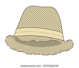 Frayed fedora hat flat sketch vector mockup template.