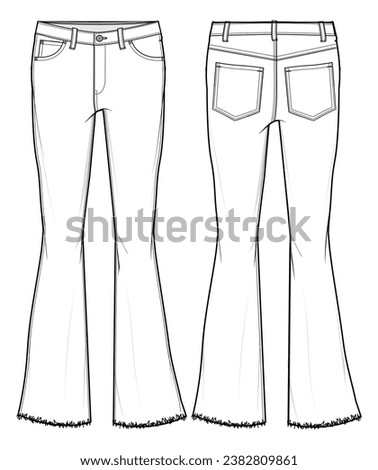 Frayed Hem Bell Bottom Denim Jeans Front and Back View. Fashion Illustration, Vector, CAD, Technical Drawing, Flat Drawing, Template, Mockup.