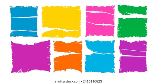 Frayed scraps of paper vector illustration set. Grunge rectangles silhouettes.