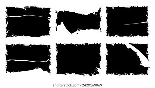 Frayed scraps of paper vector illustration set. Grunge jagged rectangles silhouettes.