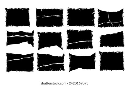 Frayed scraps of paper vector illustration set. Grunge jagged rectangles silhouettes.