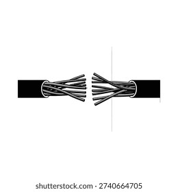 A frayed and severed electrical wire with exposed strands