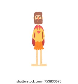 Freak bearded man character in funny superhero costume, freaky masquerade or carnival costume, creative party in crazy style cartoon vector Illustration on a white background