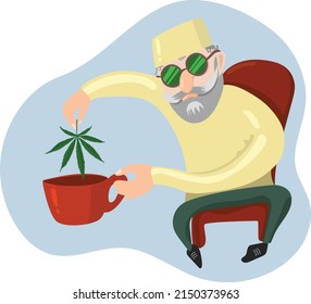A freak with green glasses and with a beard dips a cannabis leaf into a cup. Vector illustration.	