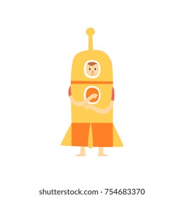 Freak man character in funny rocket costume, freaky masquerade or carnival costume, creative party in crazy style cartoon vector Illustration on a white background