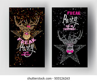 Freak party invitation cards with sparkling deer heads. Vector illustration 