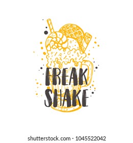 Freak shake logo, icon and label for your design. Hand drawn vector illustration. Can be used for cafe, restaurant, bar, food studio, poster, sticker, shop, kitchen classes, emblem, sticker, badge.