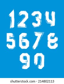 Freak white graffiti digits, set of vector unusual numbers drawn with real ink brush.