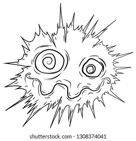 Freaked out face expression surreal exploding cartoon line drawing, vector, horizontal, over white