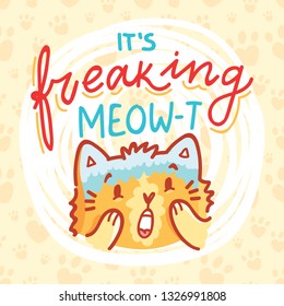 It's freaking MEOW-t! Fun Pun illustration with ginger cat character with lettering text. Wordplay hand drawn picture as card, poster, banner, for web and print on cute background with paws
