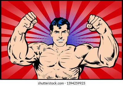 Freakishly Huge Mass Bodybuilder flexing, Big exercises build big arms. Retro Comic Book style artwork, Pop Art vector Illustration