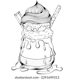 Freakshakes dessert with chocolate. Milk shake cocktail. Design for menu, milk shake cafe, candy shop, coloring book. Vector illustration in hand drawn cartoon sketch style. Line art isolated on white