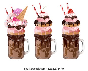 Freakshakes. Extreme milkshake. Isolated on a white background. Vector illustration.