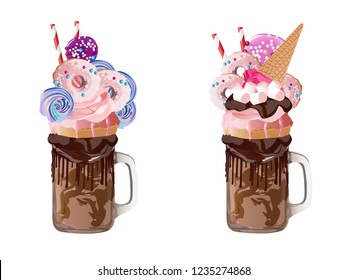 Freakshakes. Extreme milkshake. Isolated on a white background. Vector illustration.