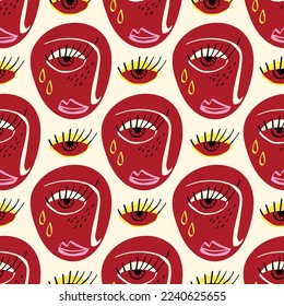 Freaky Abstract sad face seamless pattern. Funky Bizarre face background . Valentine's Day Card in modern doodle style