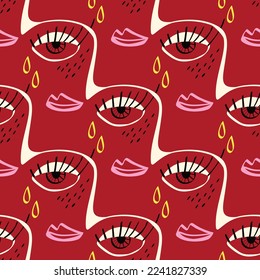 Freaky Abstract sad face seamless pattern. Funky Bizarre face background . Valentine's Day Card in modern doodle style