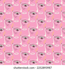 Freaky Abstract sad face seamless pattern. Funky Bizarre face background . Valentine's Day Card in modern doodle style