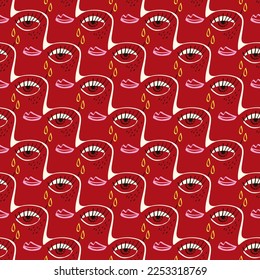 Freaky Abstract sad face seamless pattern. Funky Bizarre face background . Valentine's Day Card in modern doodle style