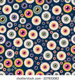 Freaky Eyes Seamless Pattern / Vector illustration of red freaky eyes on blue background