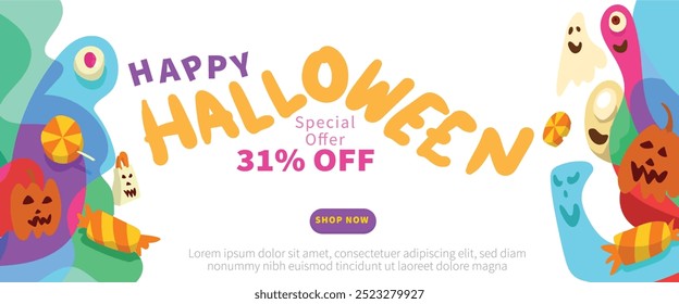 Freaky Faces and Fangs Halloween concept. abstract geometric liquid form. monster halloween with hand drawn banner template vector illustration.