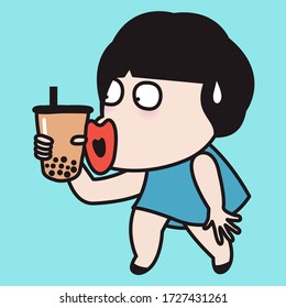 Freaky Girl Puckering Her Big Kissing Lips For A Favourite Cup Of Bubble Milk Tea Concept Card Character illustration.eps