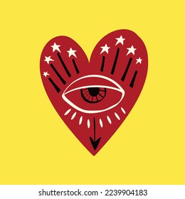 Freaky Magical red heart with an all-seeing eye. Valentine's Day Card in modern doodle style. Vector illustration