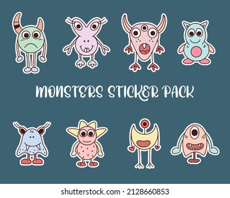 Freaky monsters set. Stickers funny characters for kids. Bundle terrible and cute fictional characters. Vector isolated illustration