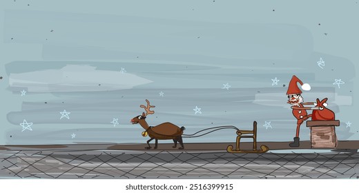 Freaky Santa thief climbing out of the chimney on the roof with the stolen valuables in Christmas eve hand drawn style graphic illustration have blank space.