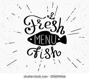 Freash menú de pescado ilustración de plantilla para la publicidad de restaurante sobre fondo blanco con textura gruesa. Elemento de diseño de letras dibujado a mano para banner, menú y afiche en estilo hipster