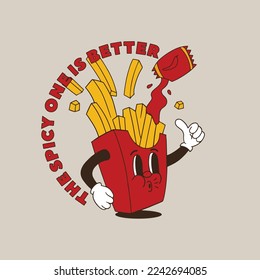 Frech Fries Retro Cartoon Mascot Illustration the spicy one is better or t shirt design isolated on gray background