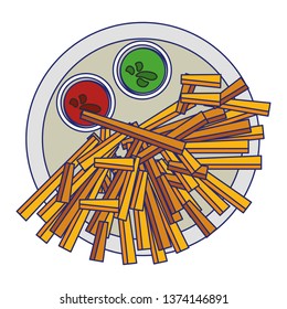 Frech fries and sauces on dish food blue lines