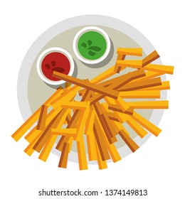 Frech fries and sauces on dish food