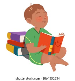 Freckled Boy Character Sitting on the Floor with Open Book and Reading Vector Illustration