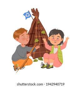 Freckled Boy and Girl Building Hut from Tree Branches Playing Outdoor Vector Illustration