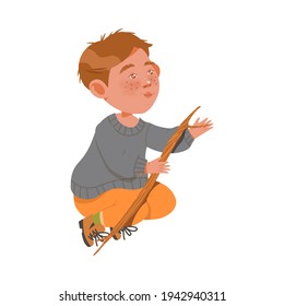 Freckled Boy Sitting with Tree Branch Playing Outdoor Vector Illustration