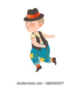 Freckled Boy in Wide Brimmed Hat Dancing and Moving to Music Vector Illustration